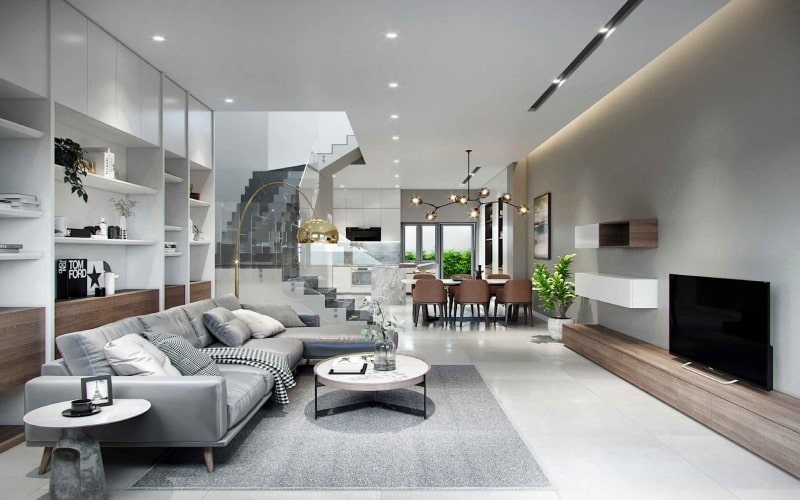 Phòng khách chung cư 20m2 thiết kế sang trọng với tông màu xám sáng