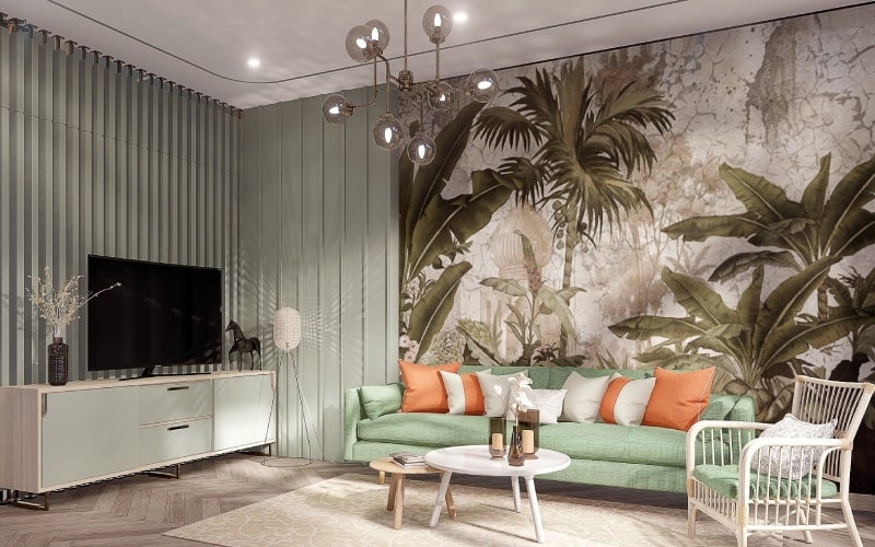 Phong cách tropical luôn mang đến sự nổi bật, cá tính nhưng vẫn thư giãn cho khu vực phòng khách
