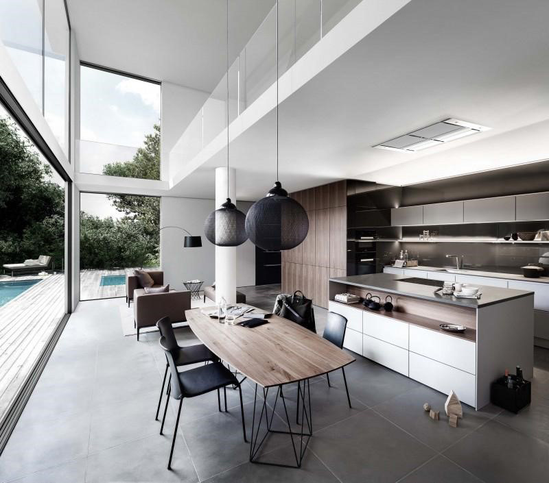 Thiết kế nhà bếp đơn giản với cửa kính lớn để tận dụng tối đa ánh nắng tự nhiên