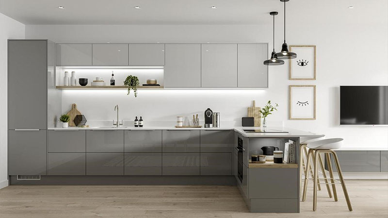 Phòng bếp đơn giản đẹp với thiết kế tủ bếp không tay nắm