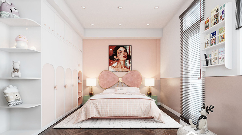 Màu trắng và hồng cam kết hợp với nhau mang đến sự nhẹ nhàng cho căn phòng